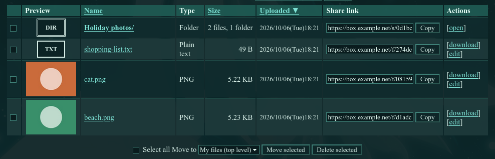 The file list with checkboxes, sizes and share links