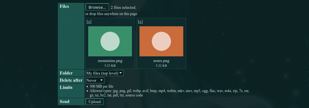 The upload form with two files picked